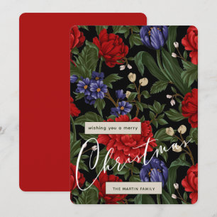 Tarjeta Festiva Rojo Vacacional Floral Negro Escritura Feliz Navid