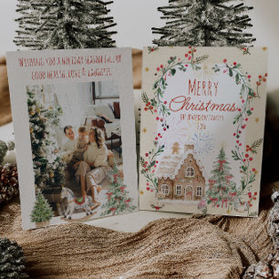 Tarjeta Festiva Rojo Verde Bayas de Acebo Lazos Árbol Feliz Navida