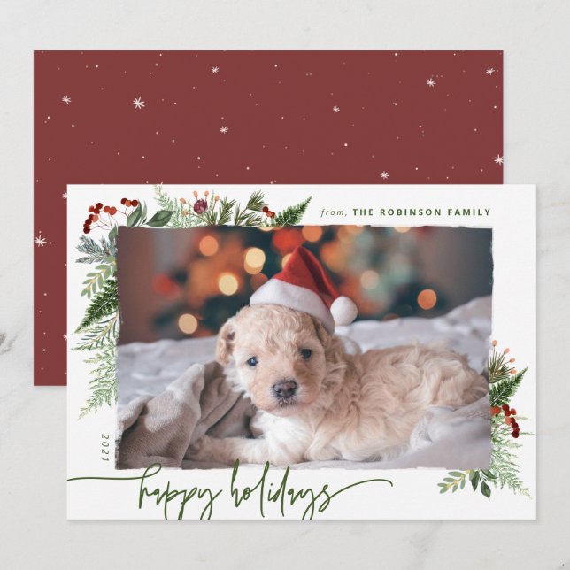 Tarjeta Festiva Rojo & Verde Boho Modernidad Verde Script Foto (Anverso / Reverso)