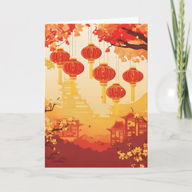 Tarjeta Festiva Rojo y oro en el paisaje chino (Anverso)