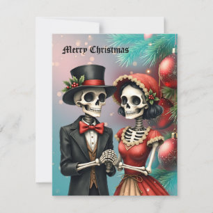 Tarjeta Festiva Romance de Huesos de Navidad, una pareja de esquel