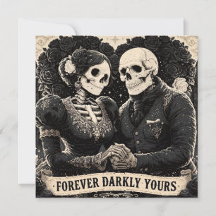 Tarjeta Festiva Romance gótico de dos esqueletos agarrados de la m