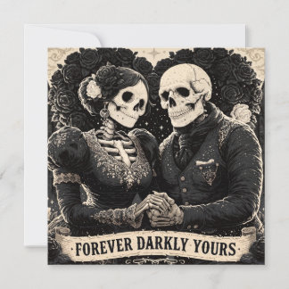 Tarjeta Festiva Romance gótico de dos esqueletos agarrados de la m