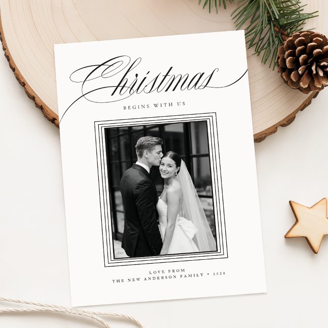 Tarjeta Festiva Romantic Black and White Newlywed Photo Christmas (Subido por el creador)