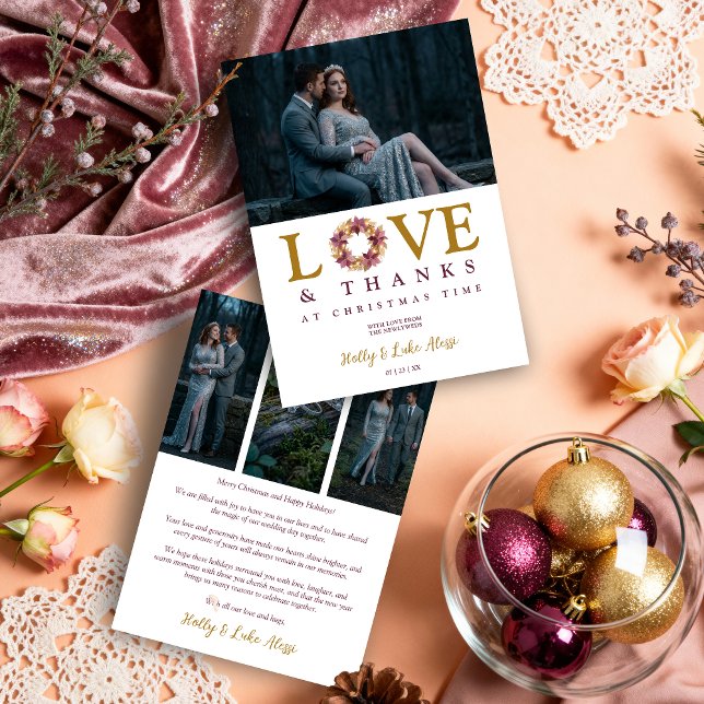 Tarjeta Festiva Romantic Garland Love Quote Collage Wedding  (Romantic Garland Love Quote Collage Wedding 4-Photo Christmas Holiday Cards for First Christmas.)