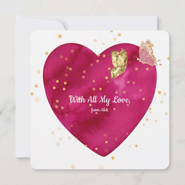 Tarjeta Festiva Romantic Heart & Gold Butterfly Valentine Card (Anverso)