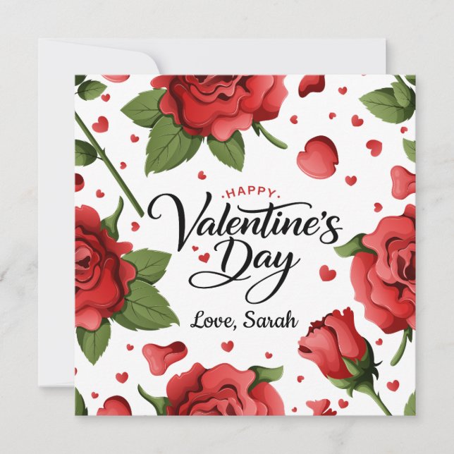 Tarjeta Festiva Romantic Red Rose & Hearts Frame Happy Valentine (Anverso)