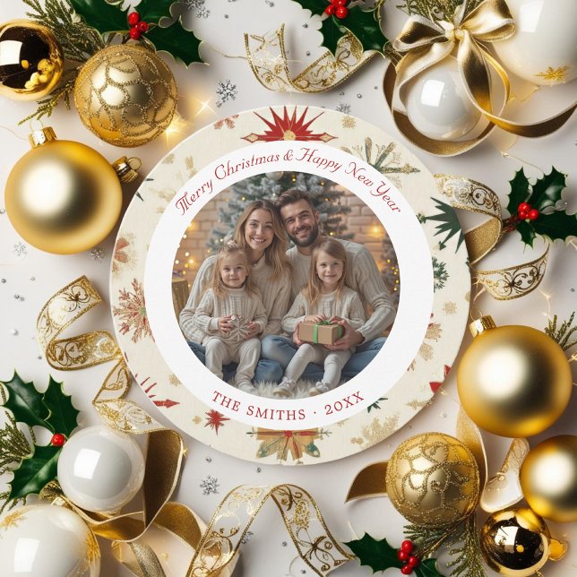 Tarjeta Festiva Ronda de dorado moderno y copos de nieve rojos (Modern Gold and Red Snowflakes round Holiday Card)