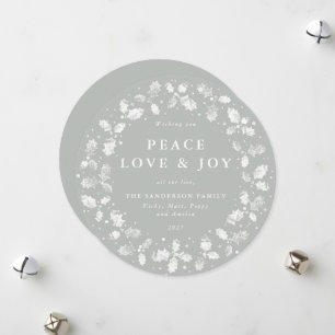 Tarjeta Festiva Ronda Gris-Verde Holly Wreath Peace Love + Joy