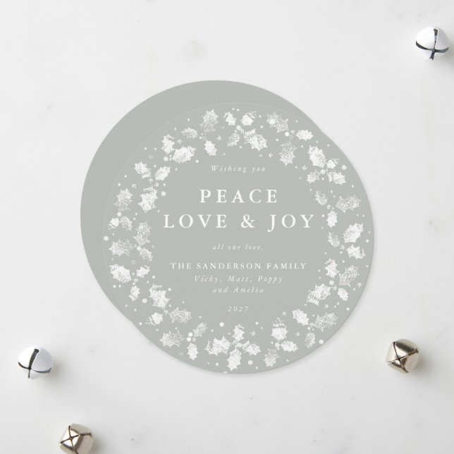 Tarjeta Festiva Ronda Gris-Verde Holly Wreath Peace Love + Joy (Anverso/Reverso In Situ)