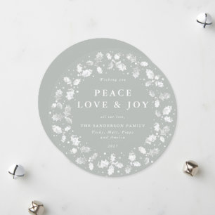 Tarjeta Festiva Ronda Gris-Verde Holly Wreath Peace Love + Joy