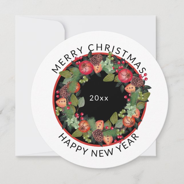 Tarjeta Festiva Ronda moderna, Navidades corean con feriado de fru (Anverso)