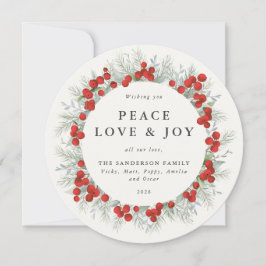 Tarjeta Festiva Ronda Red Berries Peace Love + Joy Holiday Card
