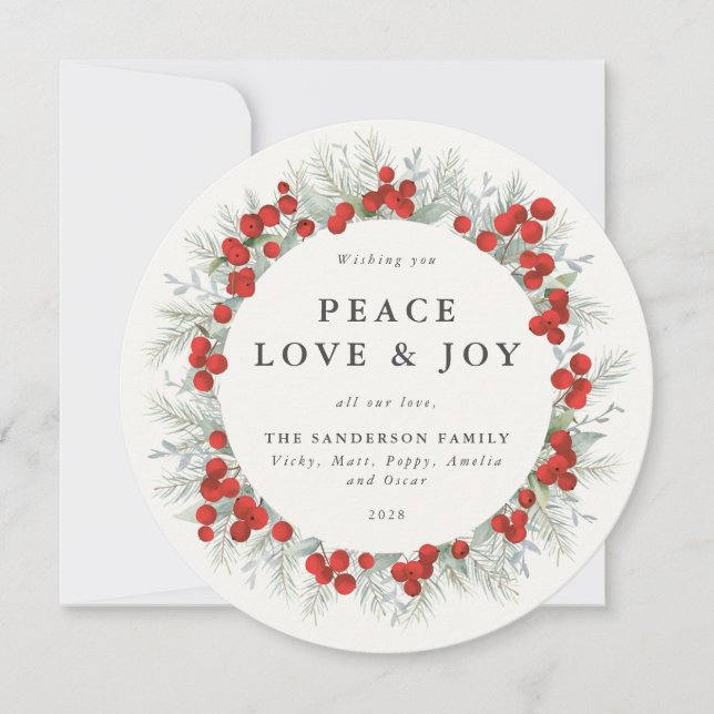 Tarjeta Festiva Ronda Red Berries Peace Love + Joy Holiday Card (Anverso)