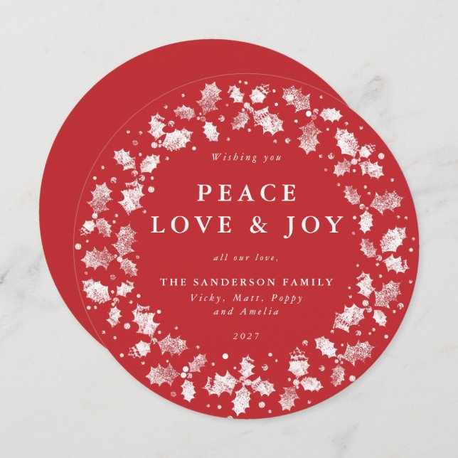 Tarjeta Festiva Ronda Red Holly Wreath Peace Love + Joy (Anverso / Reverso)