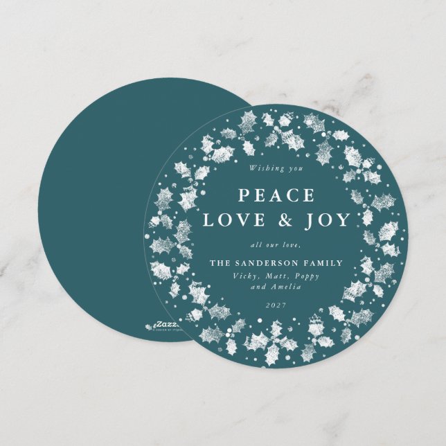 Tarjeta Festiva Ronda Verde Holly Wreath Peace Love + Joy (Anverso / Reverso)