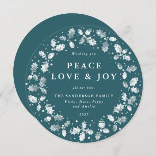 Tarjeta Festiva Ronda Verde Holly Wreath Peace Love + Joy