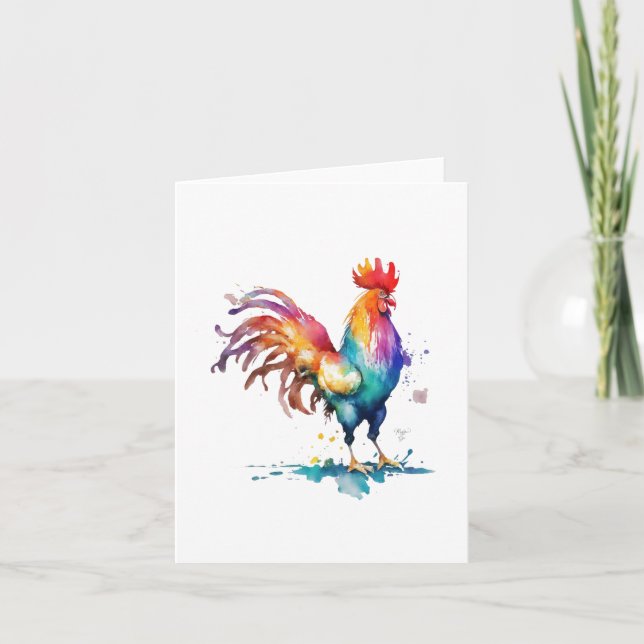 Tarjeta Festiva Rooster A Retrato de Aves en acuarelas y plumas (Anverso)