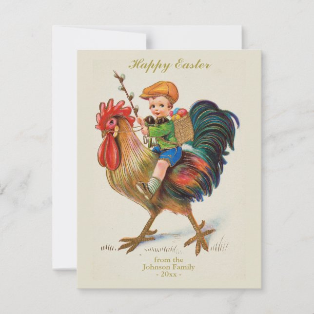 Tarjeta Festiva Rooster de niño de cacería de huevos de pascua (Anverso)