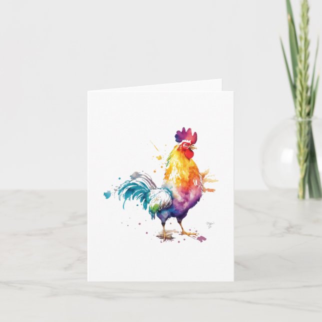Tarjeta Festiva Rooster E Retrato de pájaro en acuarelas y pluma (Anverso)