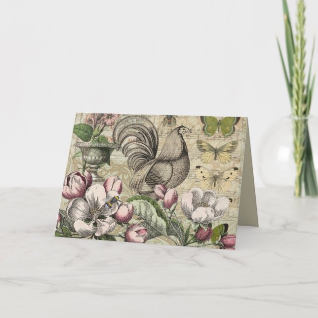 Tarjeta Festiva Rooster Garden Flower Butfly Art (Anverso)