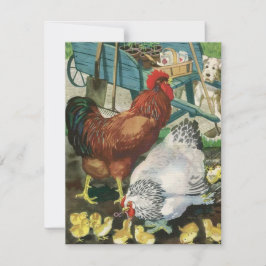 Tarjeta Festiva Rooster Vintage Con Pollos Familiares