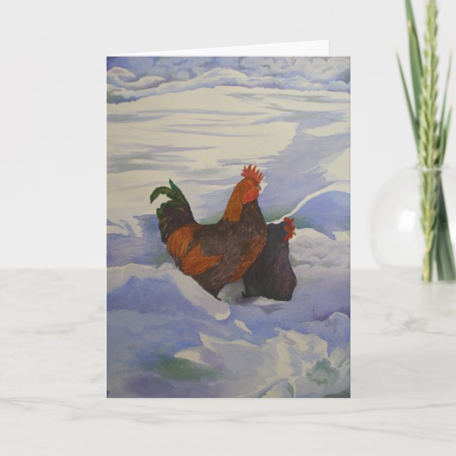 Tarjeta Festiva Rooster y Hen en la Nieve (Anverso)