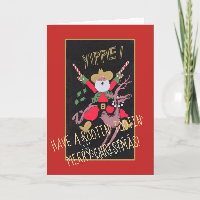 Tarjeta Festiva Rootin Tootin Cowboy Santa (Anverso)