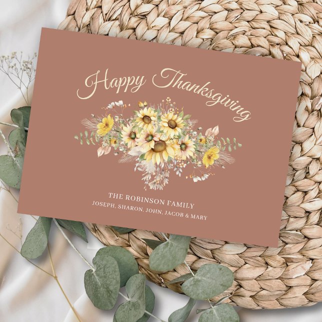 Tarjeta Festiva Rosa bohemio Floral Sunflower Feliz Día de Acción  (elegant bohemian sunflowers happy thanksgiving cards with no photo family name and message on back)