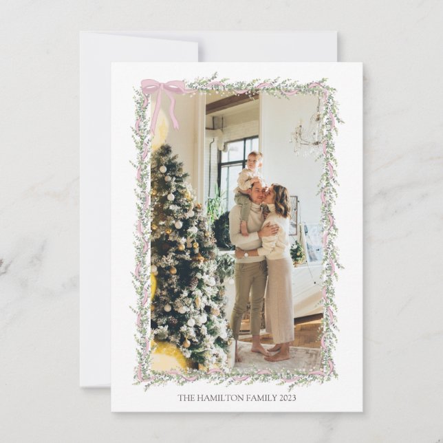 Tarjeta Festiva Rosa Bow Garland con foto de Navidades de mensajes (Anverso)
