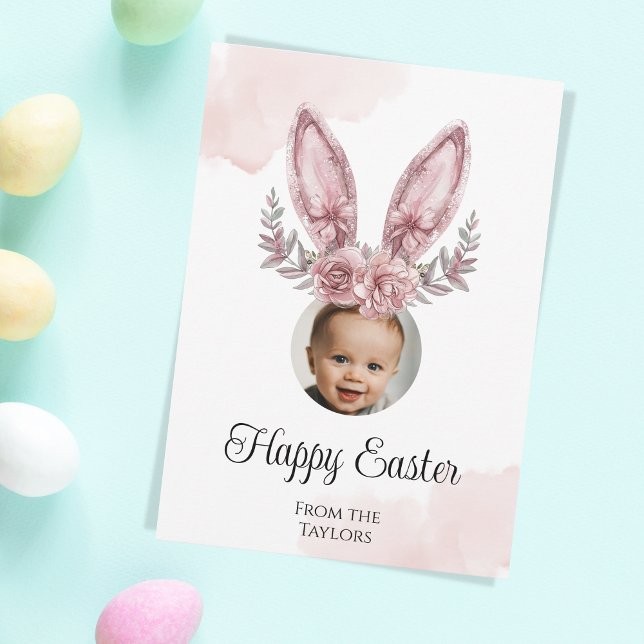 Tarjeta Festiva Rosa Cute Oro Pascua Bunny Ears Niños Foto (easter bunny ears add photo)