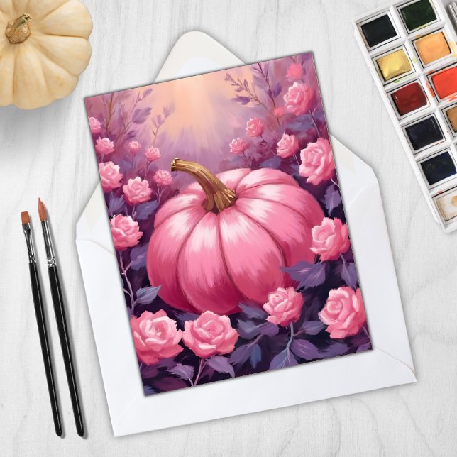 Tarjeta Festiva Rosa de calabaza rosa Floral Halloween Acción de G (Subido por el creador)