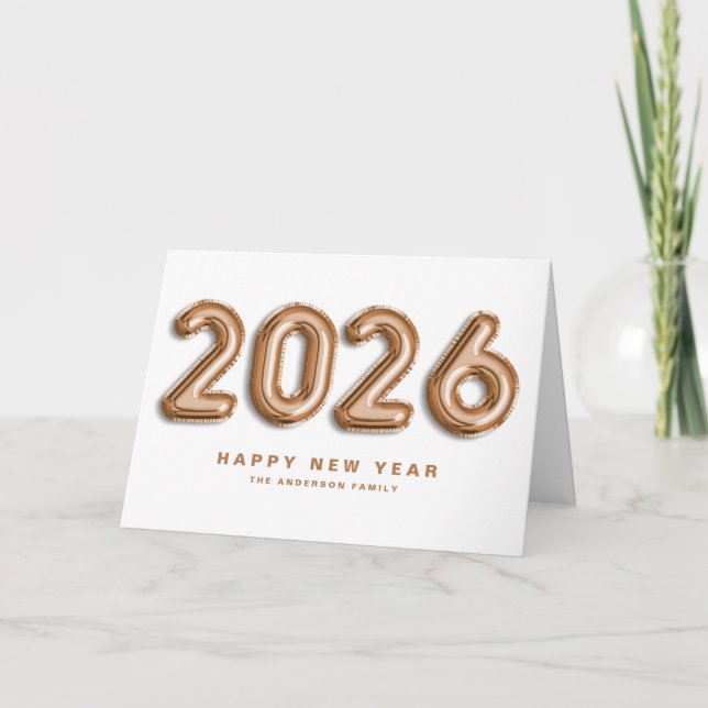 Tarjeta Festiva rosa de Oro 2025 Globos Mylar Feliz Año Nuevo (Anverso)