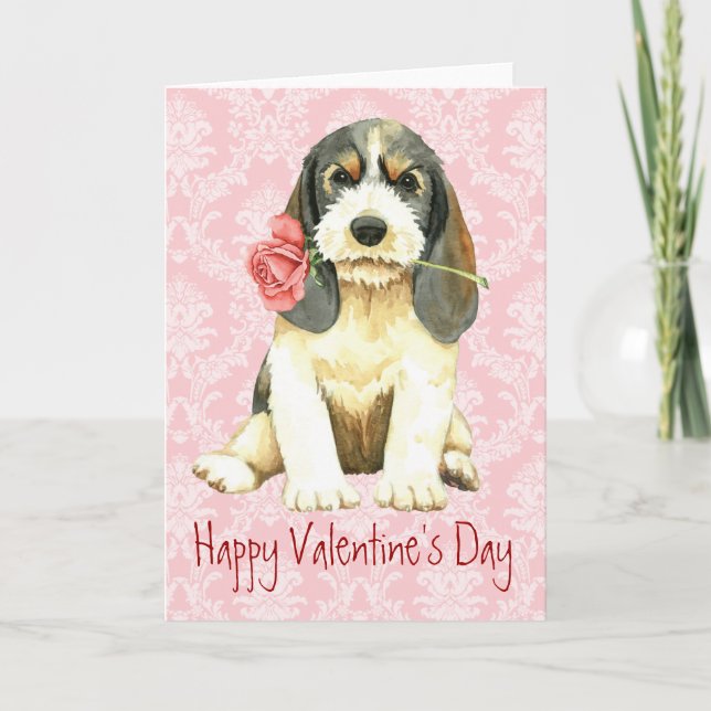 Tarjeta Festiva Rosa de San Valentín Petit Basset Griffon Vendeen (Anverso)
