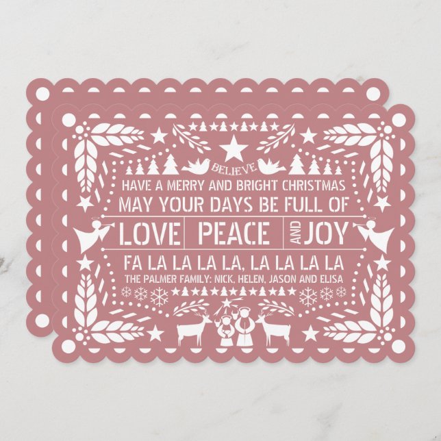 Tarjeta Festiva Rosa desvencijado Amo Paz Alegría Navidades de pap (Anverso / Reverso)
