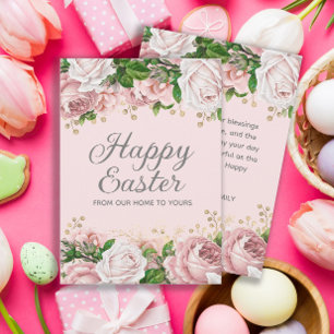 Tarjeta Festiva Rosa Dorado Floral Feliz Pascua
