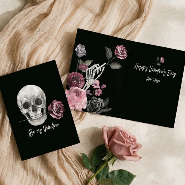 Tarjeta Festiva Rosa El día de San Valentín de Skeleton negro góti (Gothic Black Skeleton Skull Rose Valentine's Day Holiday Card)