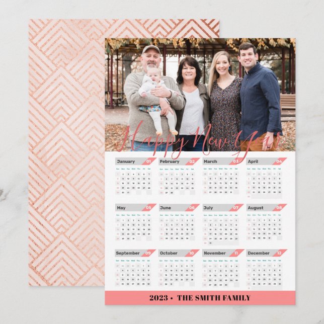 Tarjeta Festiva rosa Gold Calendar 2023 Foto de familia moderna (Anverso / Reverso)