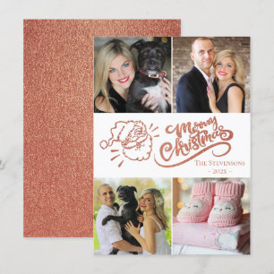 Tarjeta Festiva Rosa Gold Merry Christmas Santa Modern 4 Photo