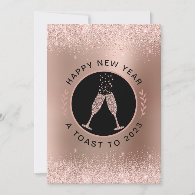 Tarjeta Festiva Rosa Gold Metallic Rubor Purpurina Feliz Año Nuevo (Anverso)