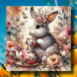 Tarjeta Festiva Rosa Gold Pink Watercolor Cute Easter Tea Bunny