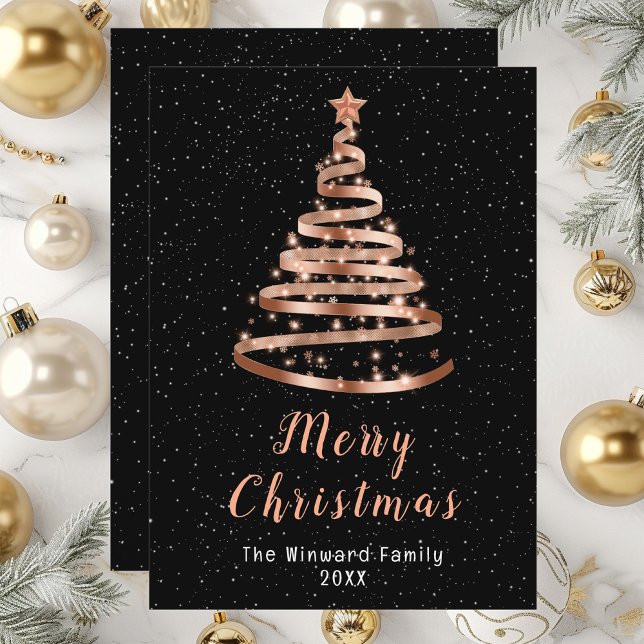 Tarjeta Festiva Rosa Gold y Black Ribbon Tree Merry Christmas (Subido por el creador)