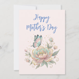 Tarjeta Festiva Rosa mágica y mariposa pastel Día de la Madre