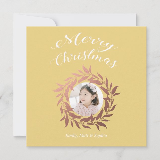 Tarjeta Festiva Rosa Oro Wreath amarillo foto blanca (Anverso)