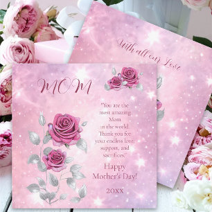 Tarjeta Festiva Rosa Pink Hoja de Plata Brillante Feliz Día de la
