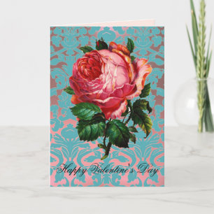 Tarjeta Festiva ROSA PINK SOBRE DAMASCO AZUL ACUÁTICO Día de San V