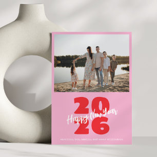 Tarjeta Festiva Rosa Rojo Moderno Familia Año Nuevo Foto Divertida