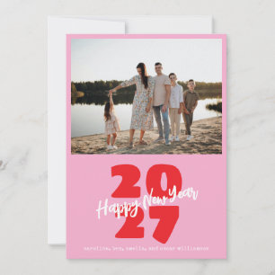 Tarjeta Festiva Rosa Rojo Moderno Familia Año Nuevo Foto Divertida