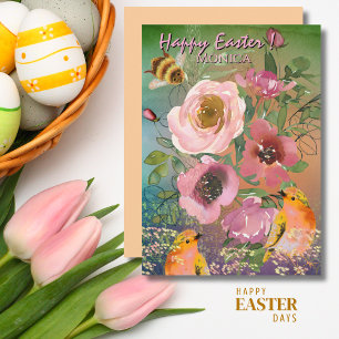 Tarjeta Festiva Rosa rosa pájaros amarillos Pascua