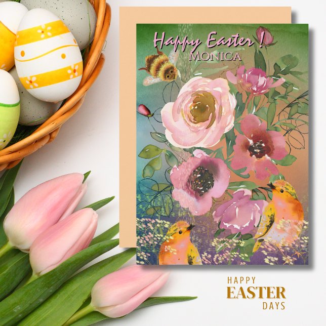 Tarjeta Festiva Rosa rosa pájaros amarillos Pascua (Pink Roses Yellow Birds Easter Holiday Card )